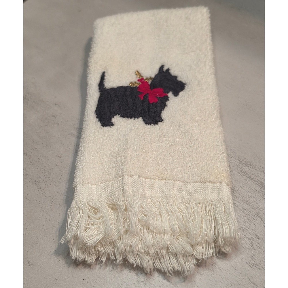 Vintage R.A. Briggs Scottie Dog Hand Tea Towel Embroidered Fringed